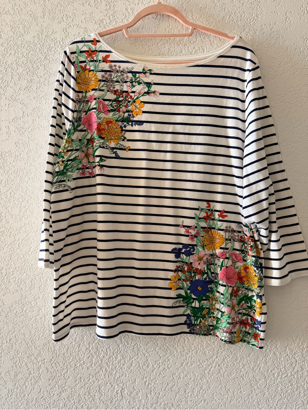 TALBOTS White Black Stripes Floral Classic 3/4 Cotton Casual Tee Womens Sz 2X